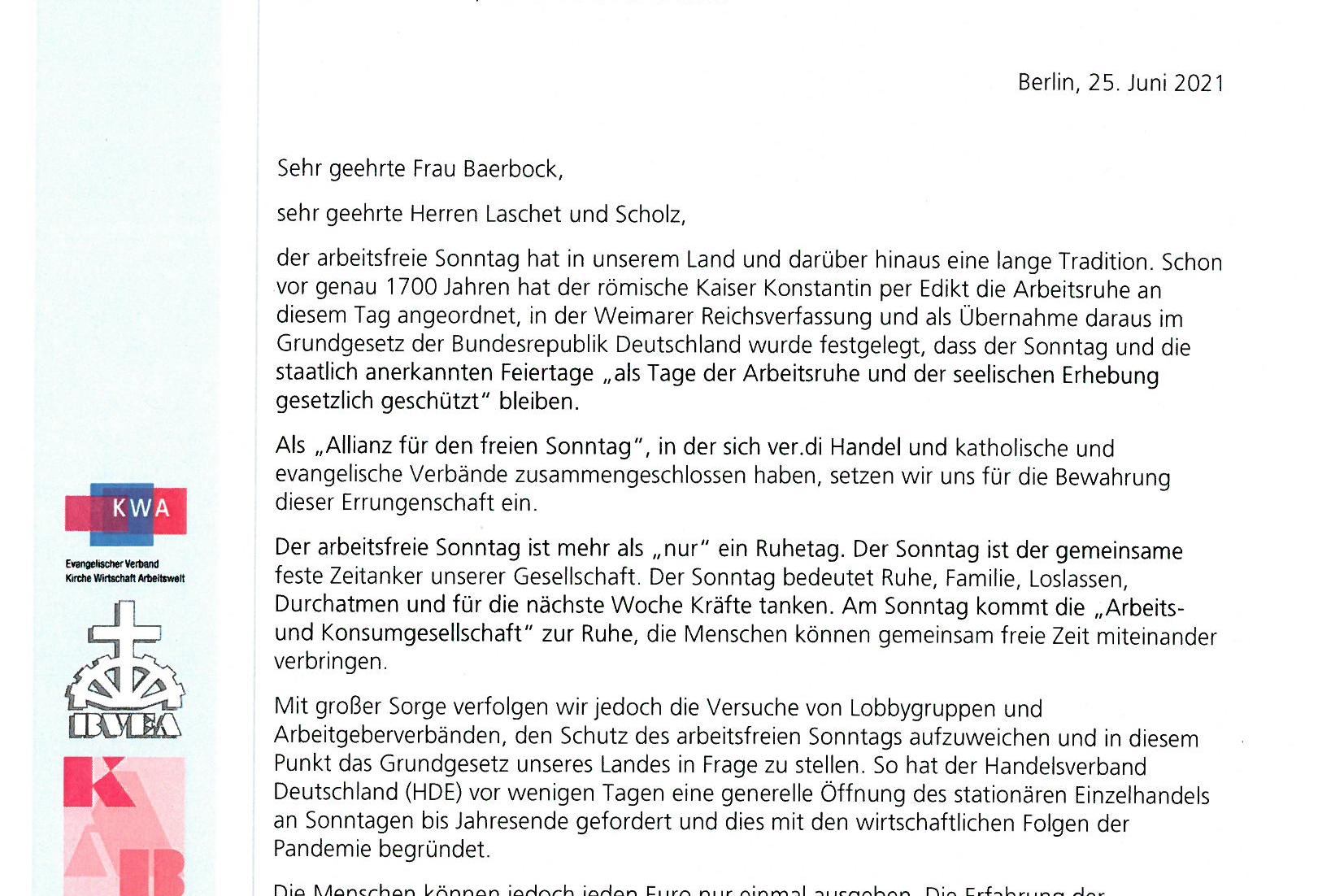 Offener Brief - Allianz für den freien Sonntag